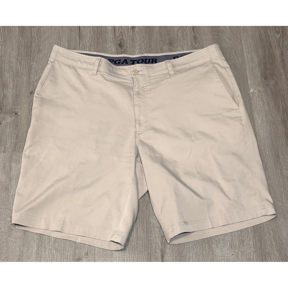 PGA Tour Mens Golf Shorts Khaki Tan Flat Front Stretch Performance Size 38